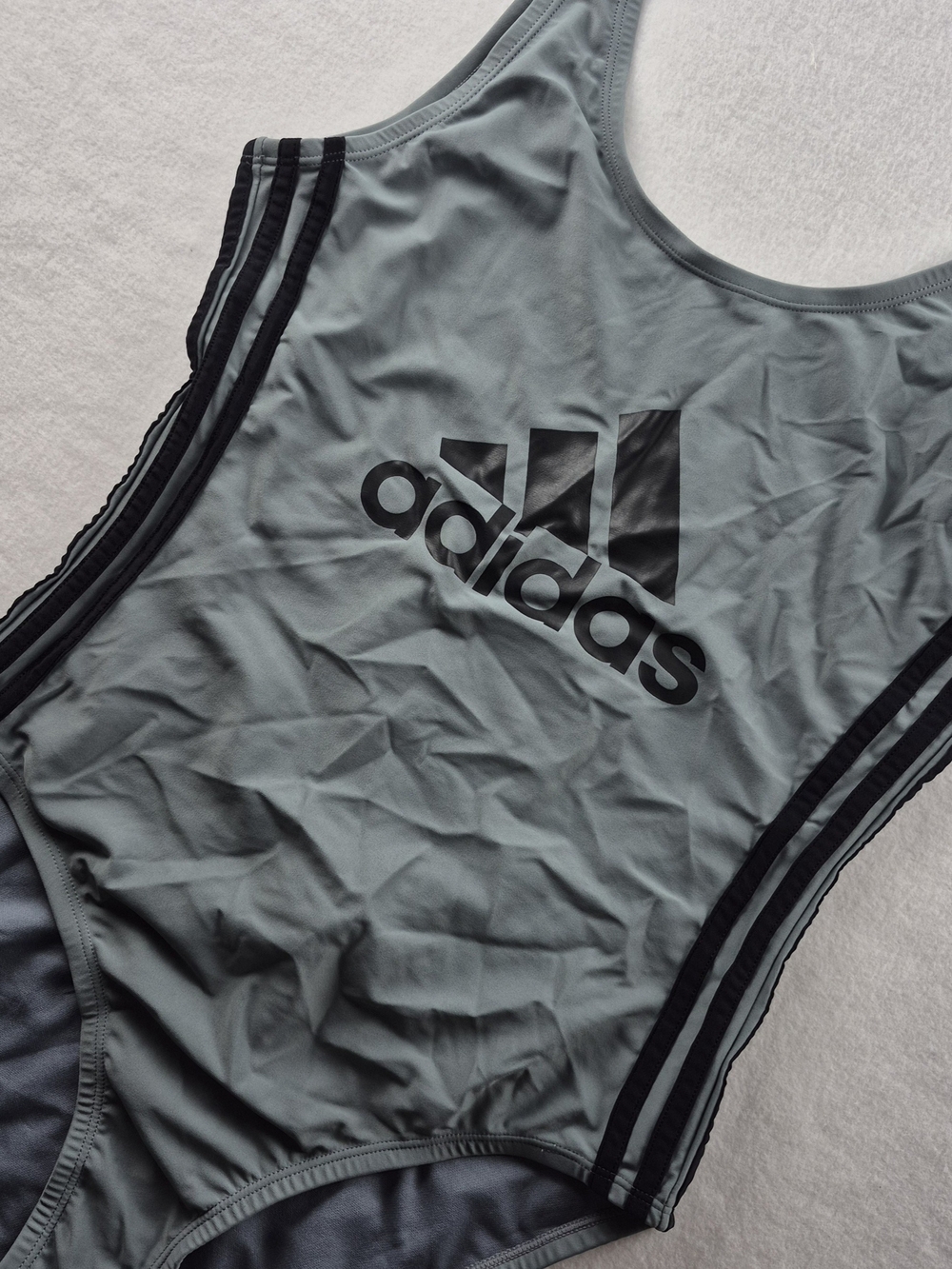 NWT adidas Women's Grey One-Piece Swim Suit with Black Stripes